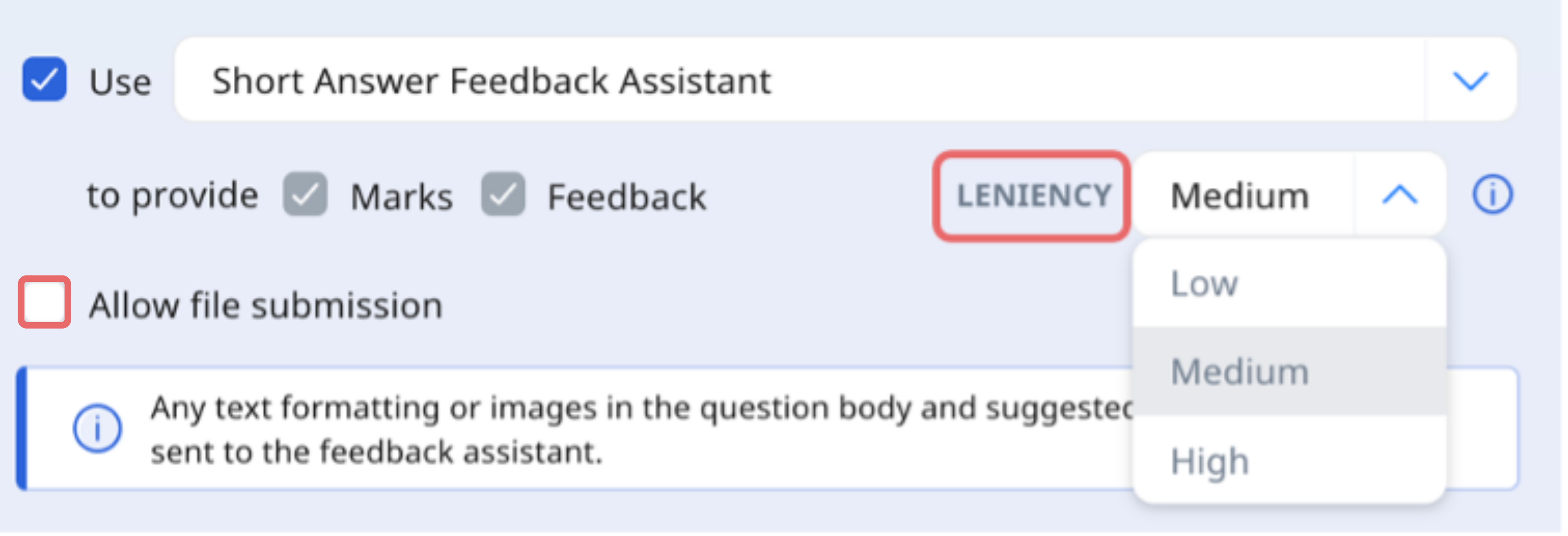 Short Answer Feedback Assistant settings with a Leniency dropdown open showing Low, Medium, and High options.