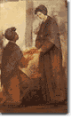 Two robed figures, one kneeling and one standing, exchanging an object in warm brown and muted tones.