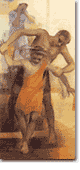 A figure in an orange garment appears to be dancing or moving dynamically in a painted artwork.