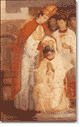 A robed figure stands beside two smaller children dressed in white ceremonial garments.