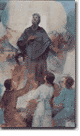A robed figure with arms raised floats above a group of people looking up toward them.
