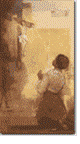 A person kneeling before a tall figure standing against a warm golden background.