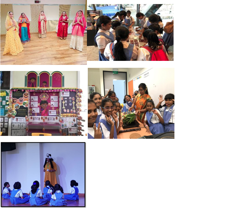 Five photos showing students in school uniforms at a cultural event with Indian costumes, displays, and classroom activities.
