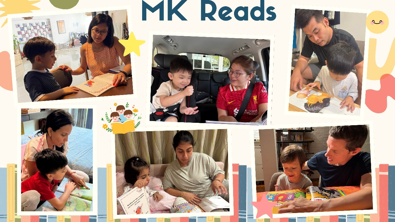 Collage titled MK Reads showing five photos of parents reading books with young children at home and in a car.