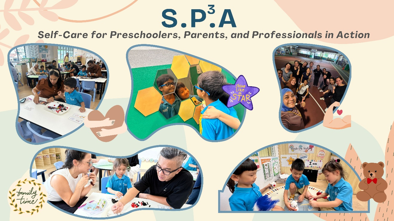 Collage titled S.P.A Self-Care for Preschoolers, Parents, and Professionals in Action showing children and adults in activities.