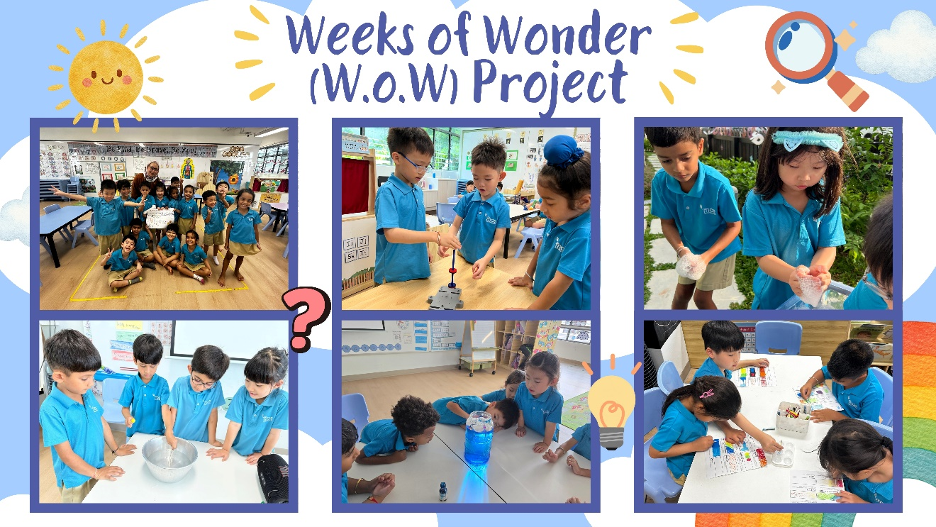 Young students in blue uniforms do hands-on science activities for the Weeks of Wonder W.o.W Project.