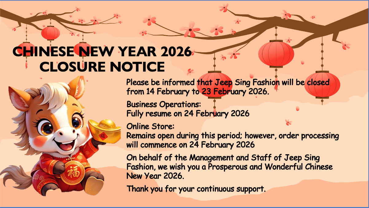 Chinese New Year 2026 closure notice for Jeep Sing Fashion, closed 14–23 February, with a cartoon horse holding gold.
