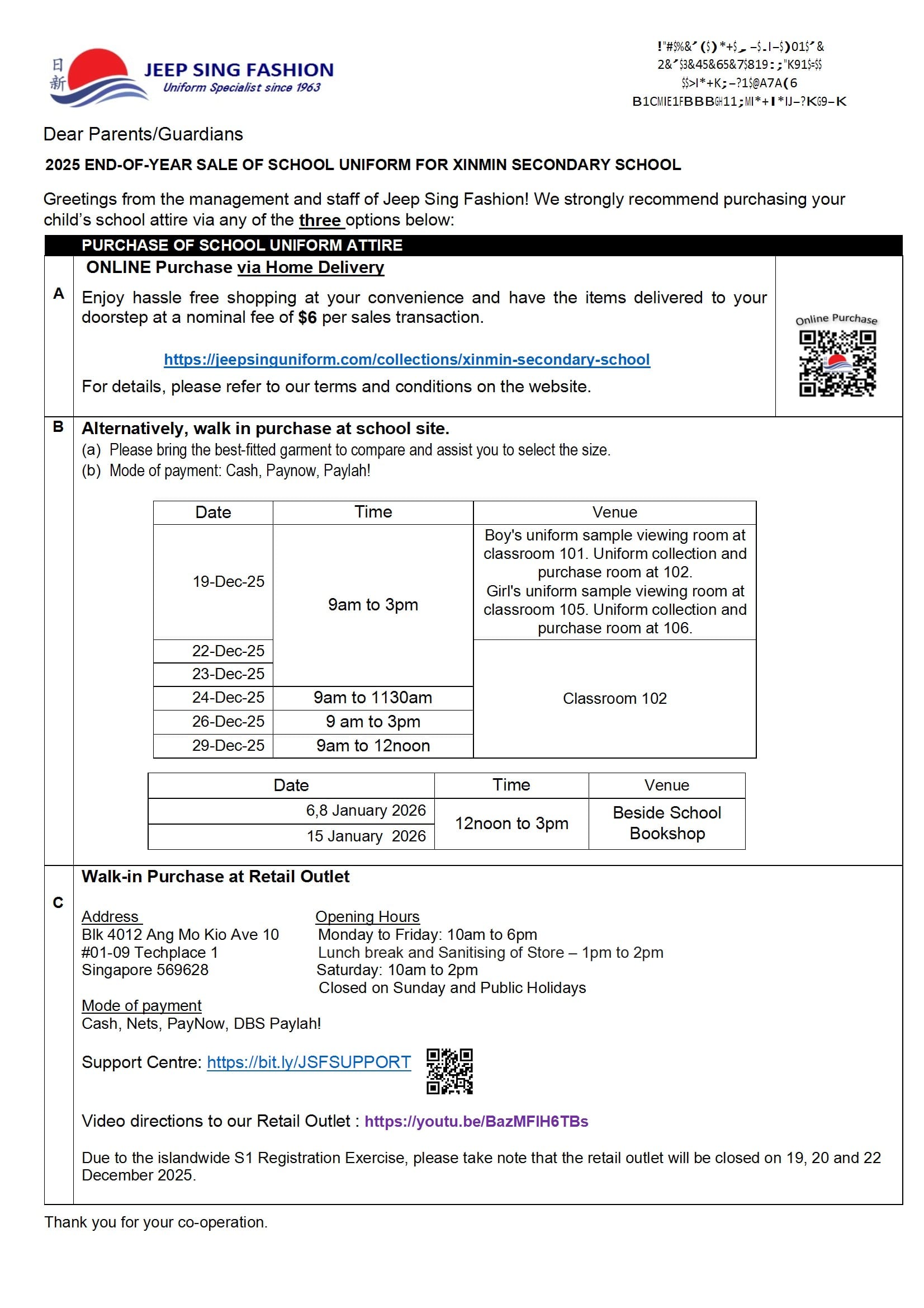 Jeep Sing Fashion letter to parents about 2025 school uniform sale options including online, walk-in, and retail outlet details.