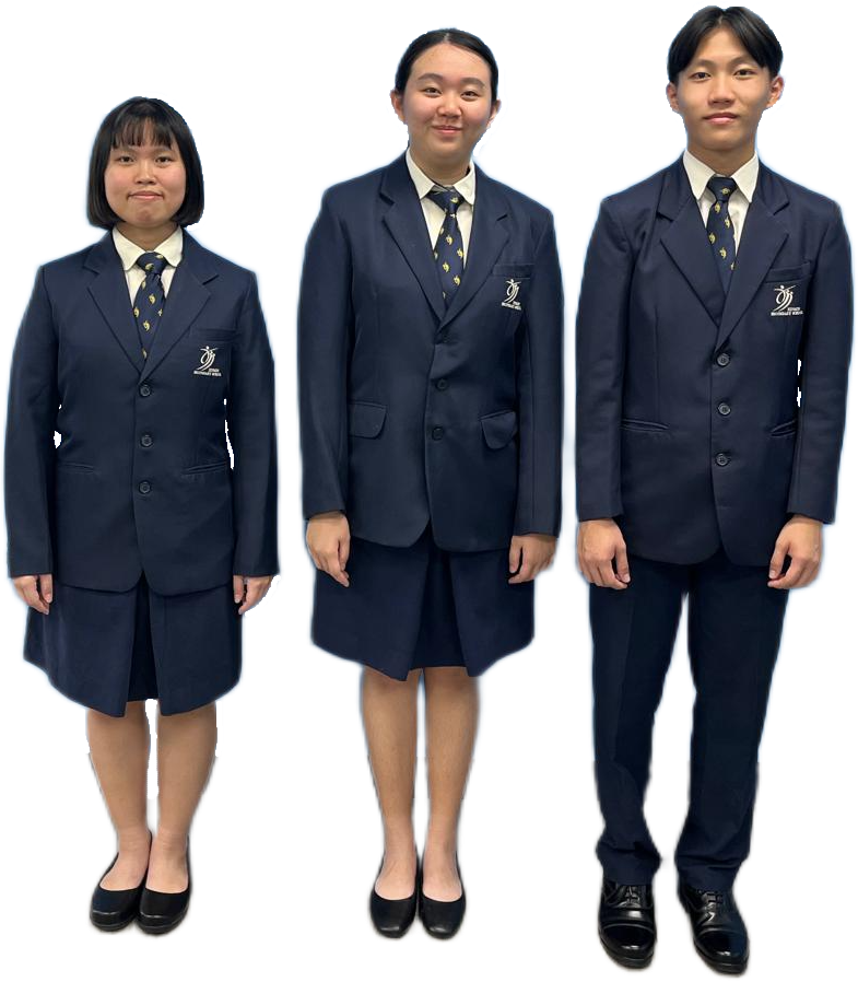 Three students in matching navy blue school uniforms with blazers and patterned ties, two in skirts and one in trousers.