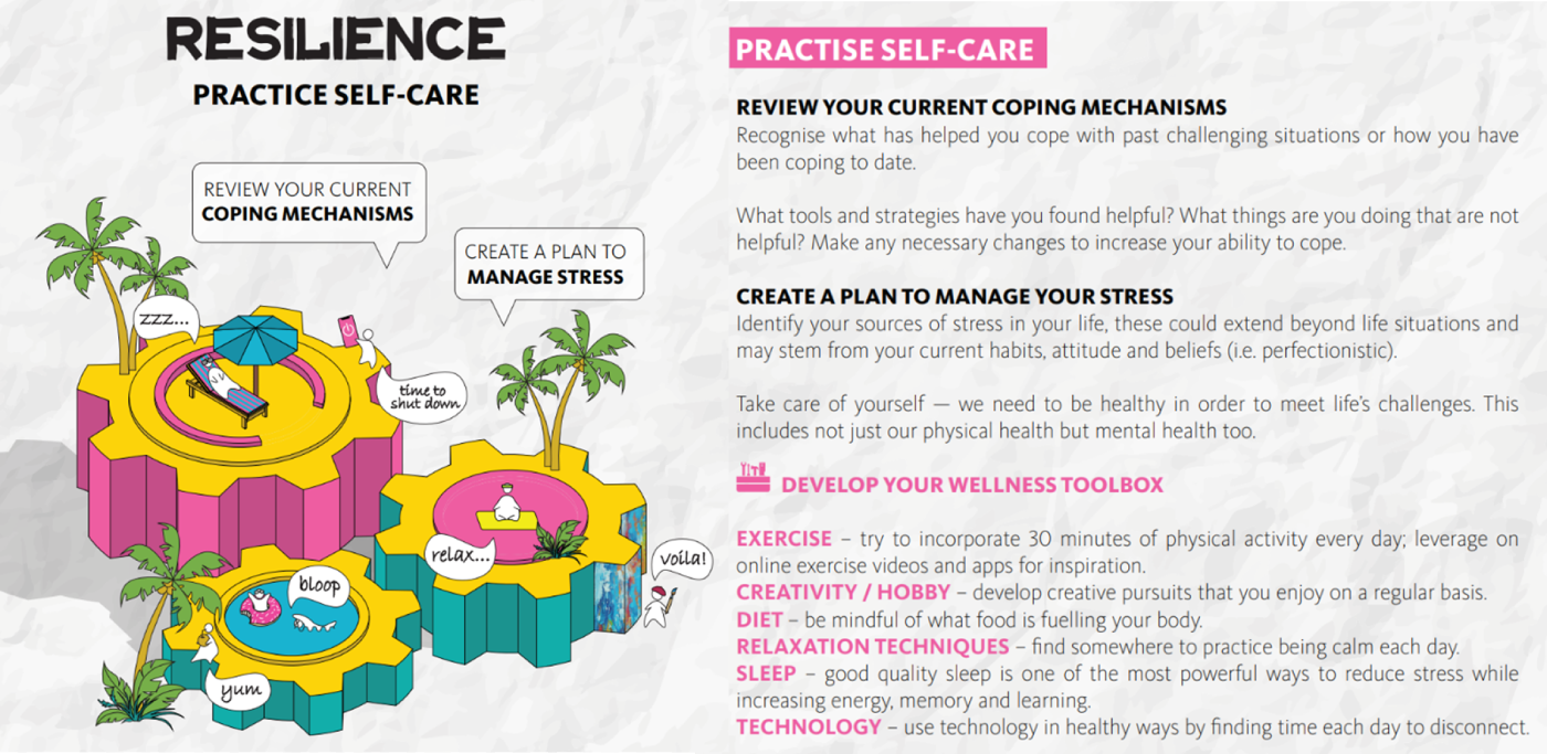 Resilience infographic with colorful gear illustration showing self-care tips on exercise, sleep, diet, and stress management.