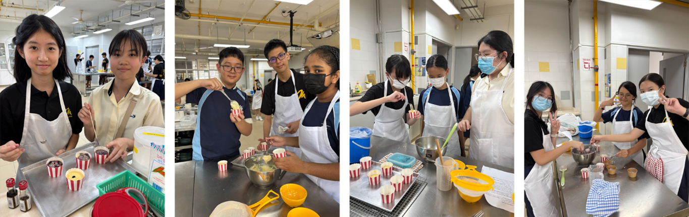 Students in white aprons bake cupcakes in a school kitchen, mixing batter and filling striped paper cups.