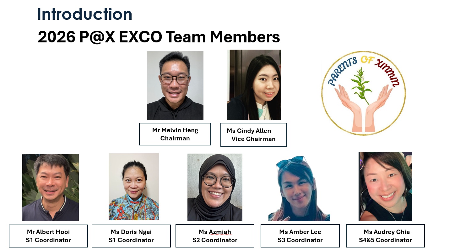 Introduction slide showing seven 2026 P@X EXCO team members with names and coordinator roles listed below their photos.