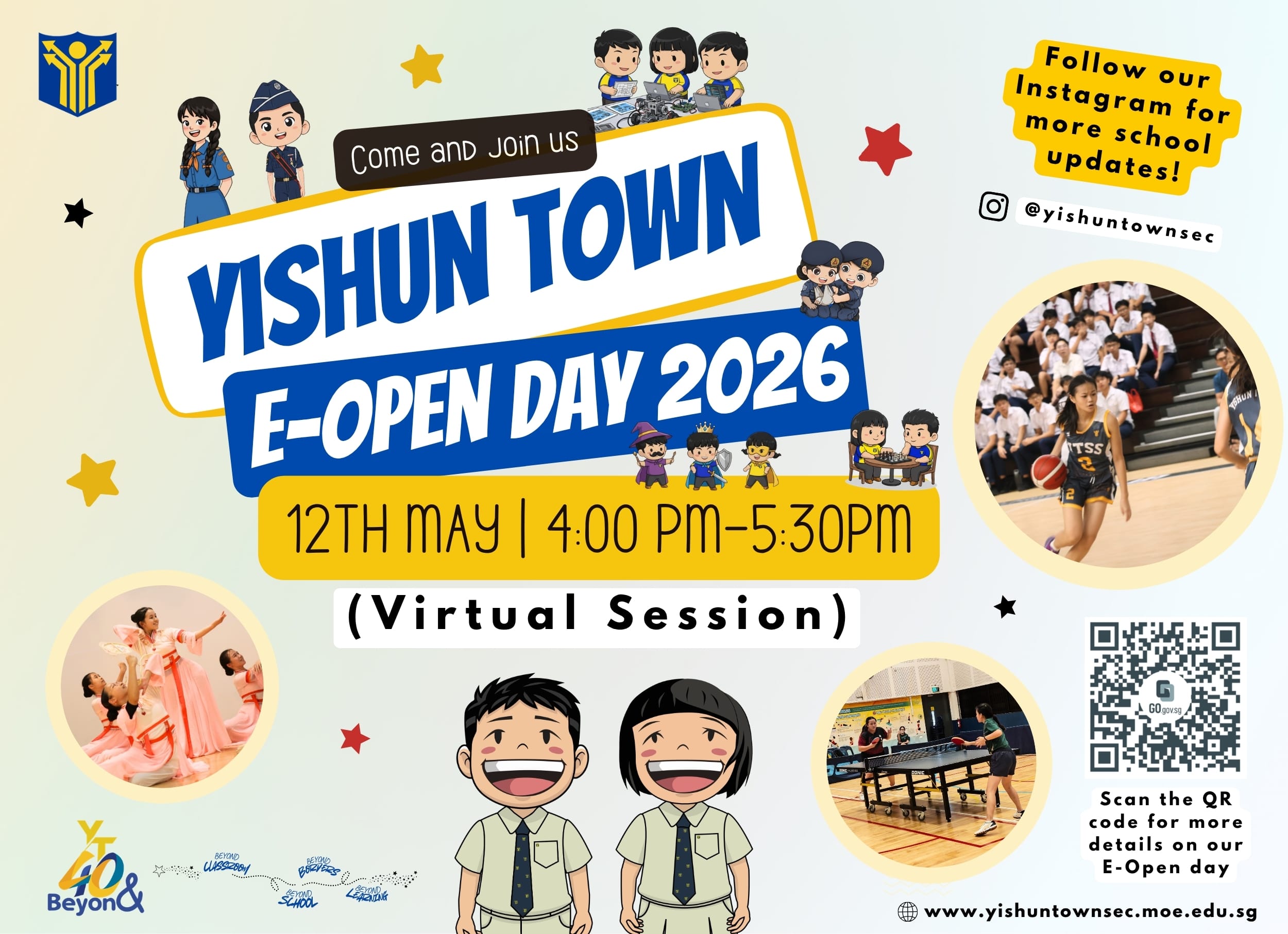 Yishun Town E-Open Day 2026 flyer for May 12, 4–5:30 PM virtual session