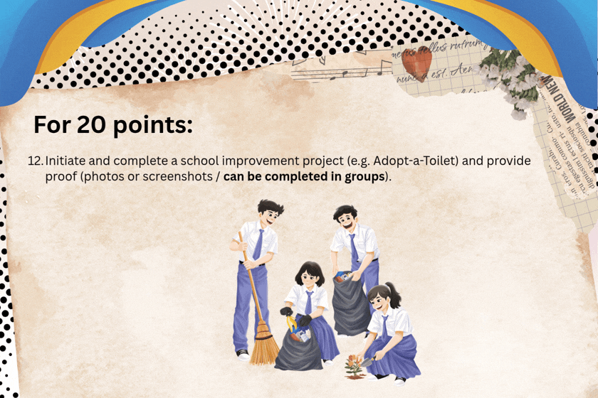 Poster explaining the activities that can earn you 20 points per activity.