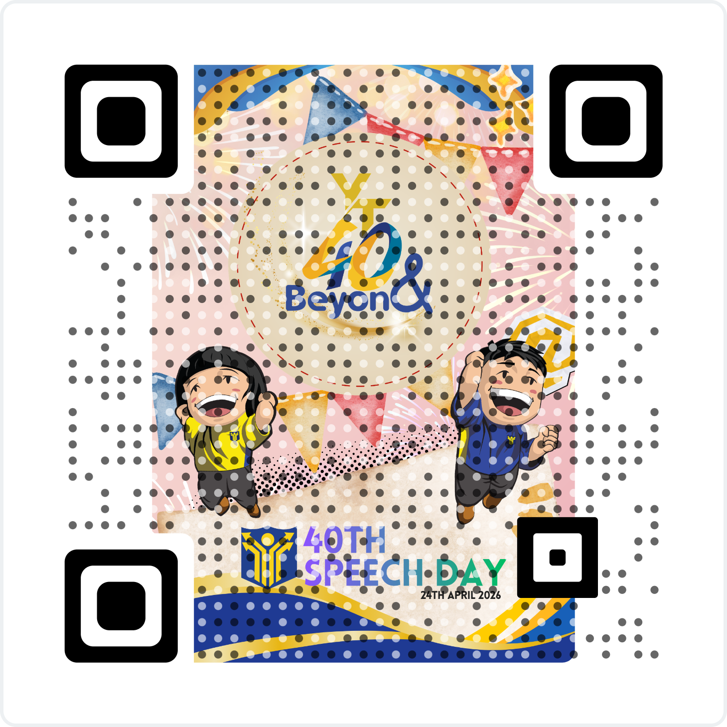 QR code with a colorful center showing two cartoon children and text reading 40th Speech Day 24th April 2026.