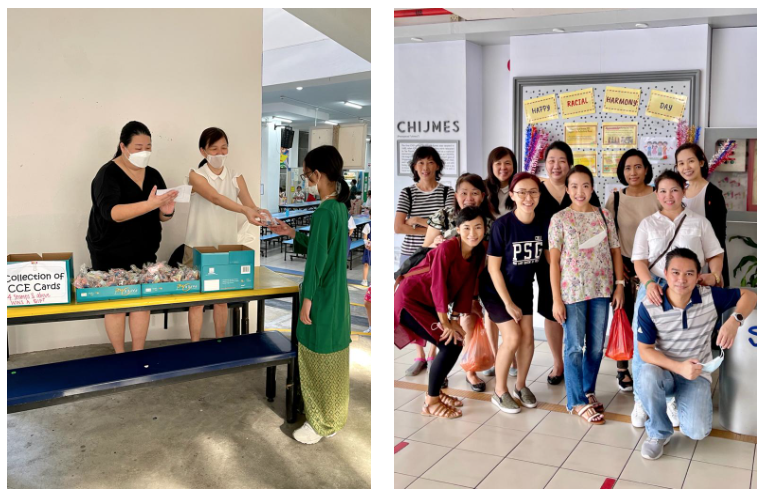 Two scenes: masked women distributing cards at a school bench, and a group of adults posing near a Racial Harmony Day board.