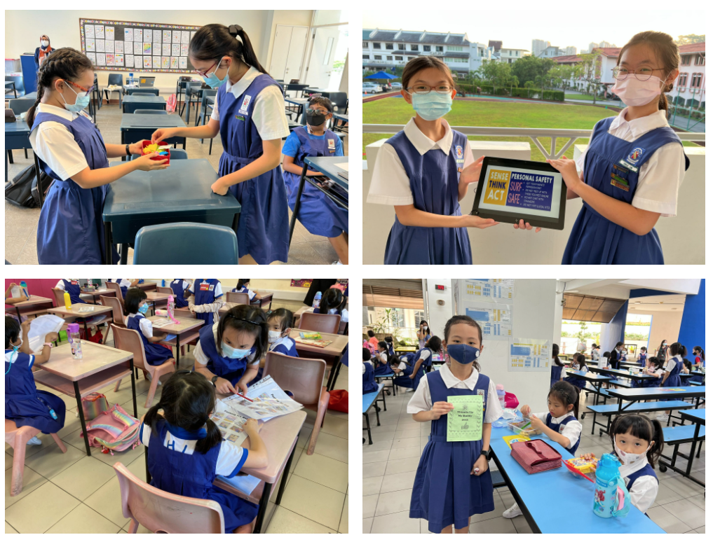 Four photos of young girls in blue school uniforms and masks doing classroom activities, including holding a tablet showing a personal safety poster.