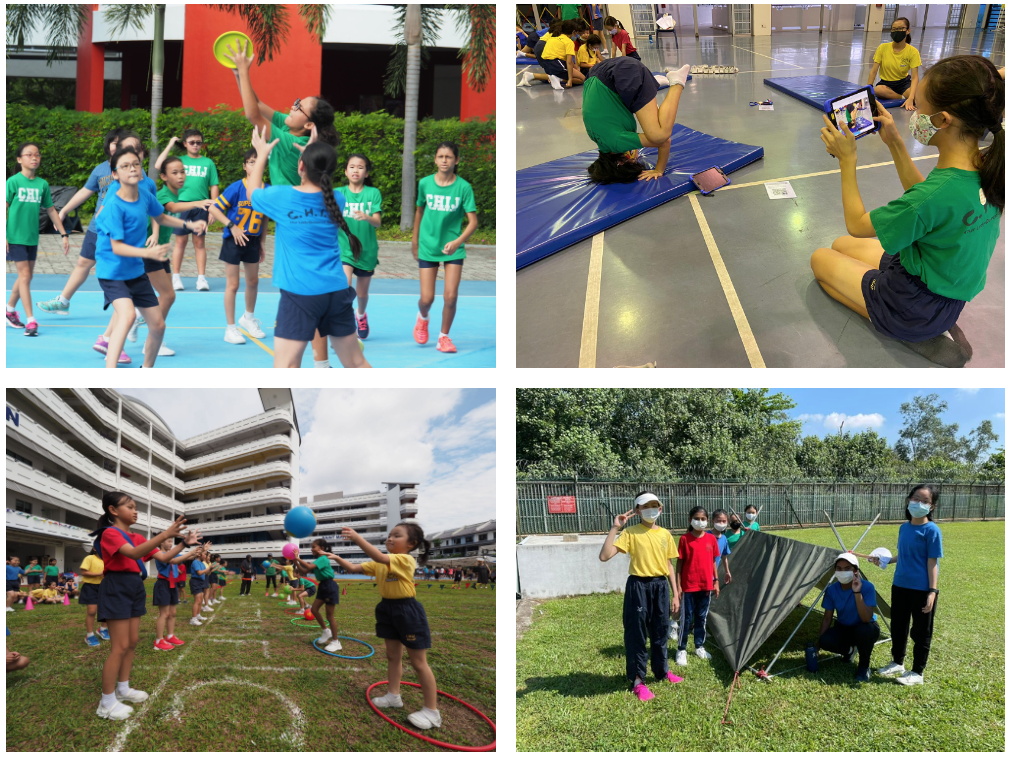 Four scenes of school children doing activities: playing handball, gymnastics on a mat, hoop and ball games, and setting up a tent outdoors.