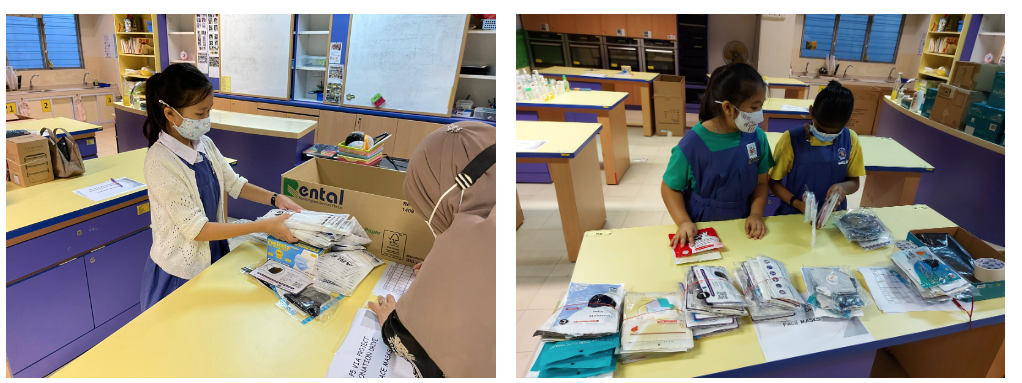 Two photos of masked students sorting packaged items on yellow tables in a classroom with purple furniture.