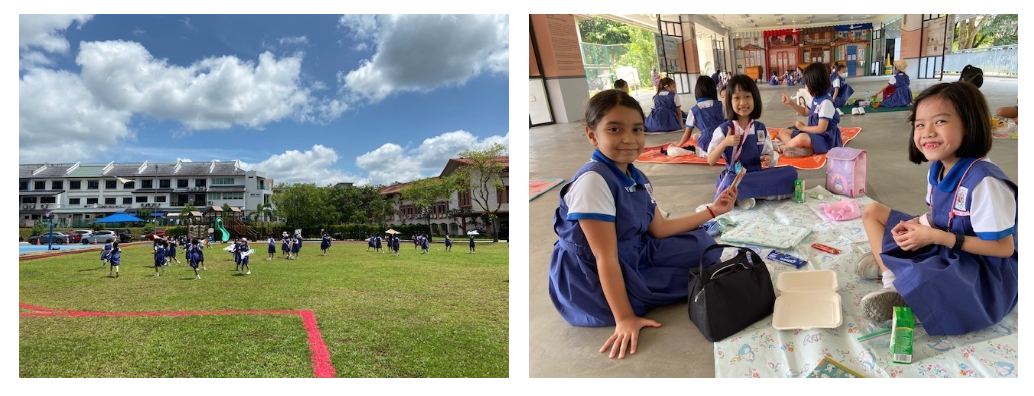 Girls in blue school uniforms play on a field outdoors and sit on mats eating lunch indoors.