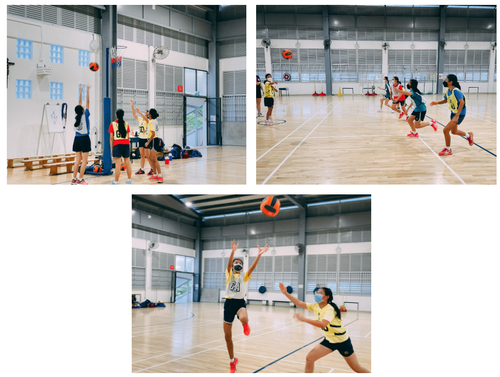 Three photos of girls in uniforms playing netball indoors on a wooden court, passing and shooting.