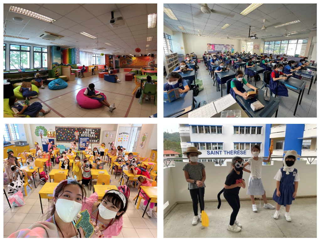Four school scenes showing students reading, wearing masks in classrooms, costumes, and posing outside Saint Therese building.