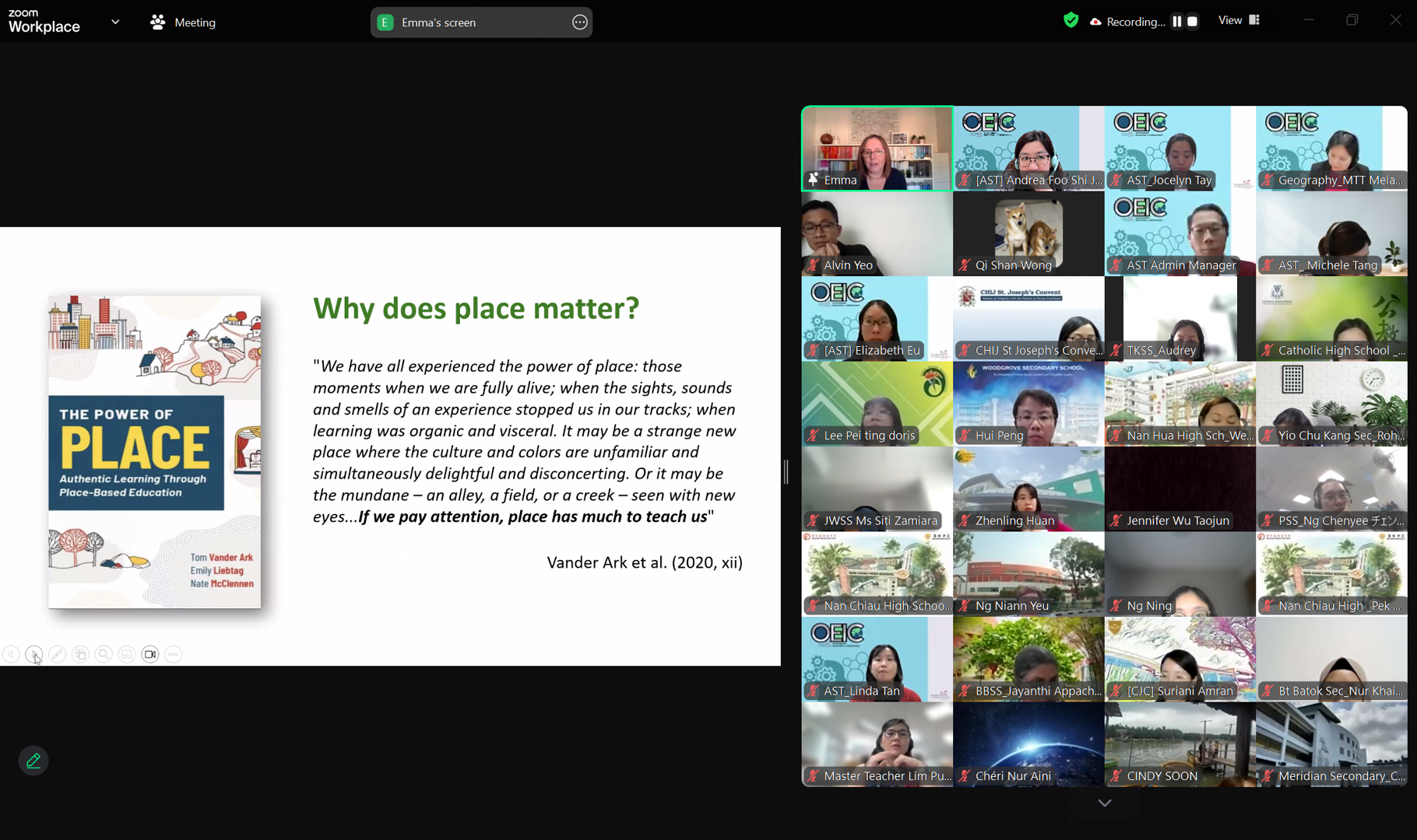 Zoom meeting with a shared slide showing "Why does place matter?" alongside a book cover, with participant grid visible.