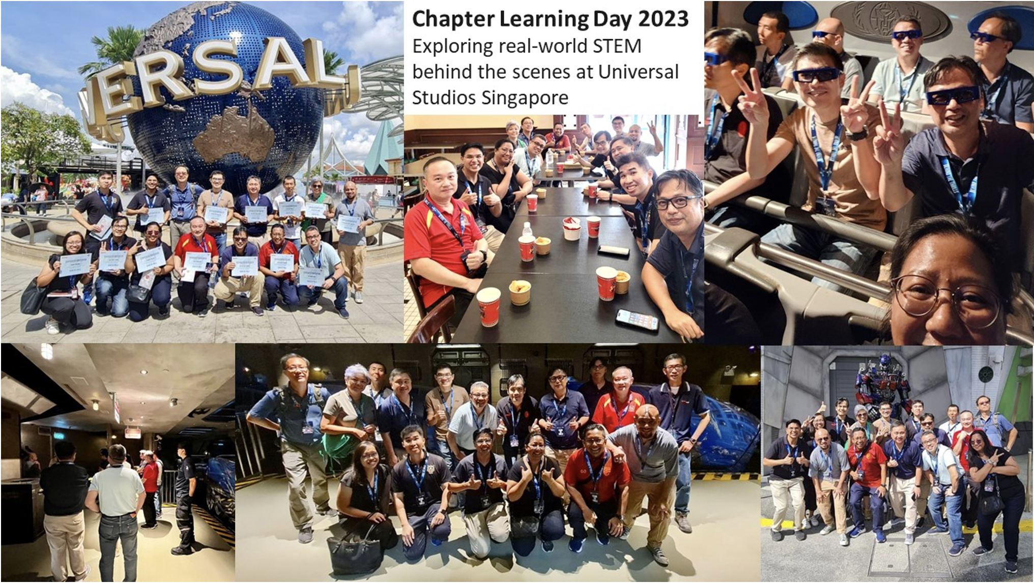 Collage of group photos at Universal Studios Singapore with the text Chapter Learning Day 2023: Exploring STEM.