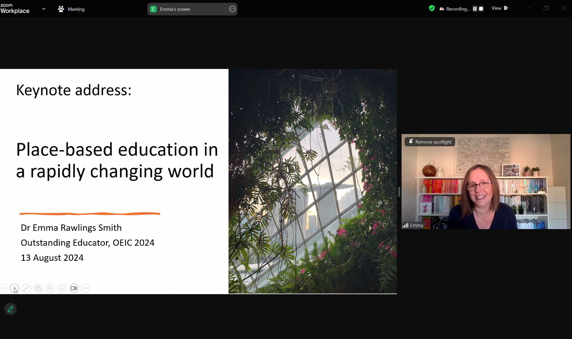 Zoom meeting showing Dr Emma Rawlings Smith presenting a keynote on place-based education, August 2024.