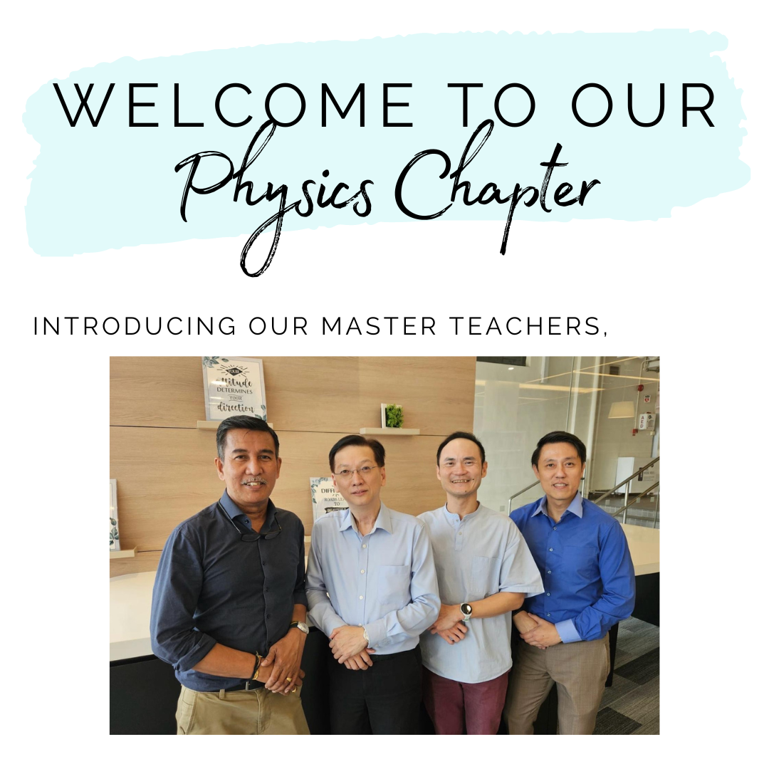 Four men stand together indoors under text reading Welcome to Our Physics Chapter, Introducing Our Master Teachers.