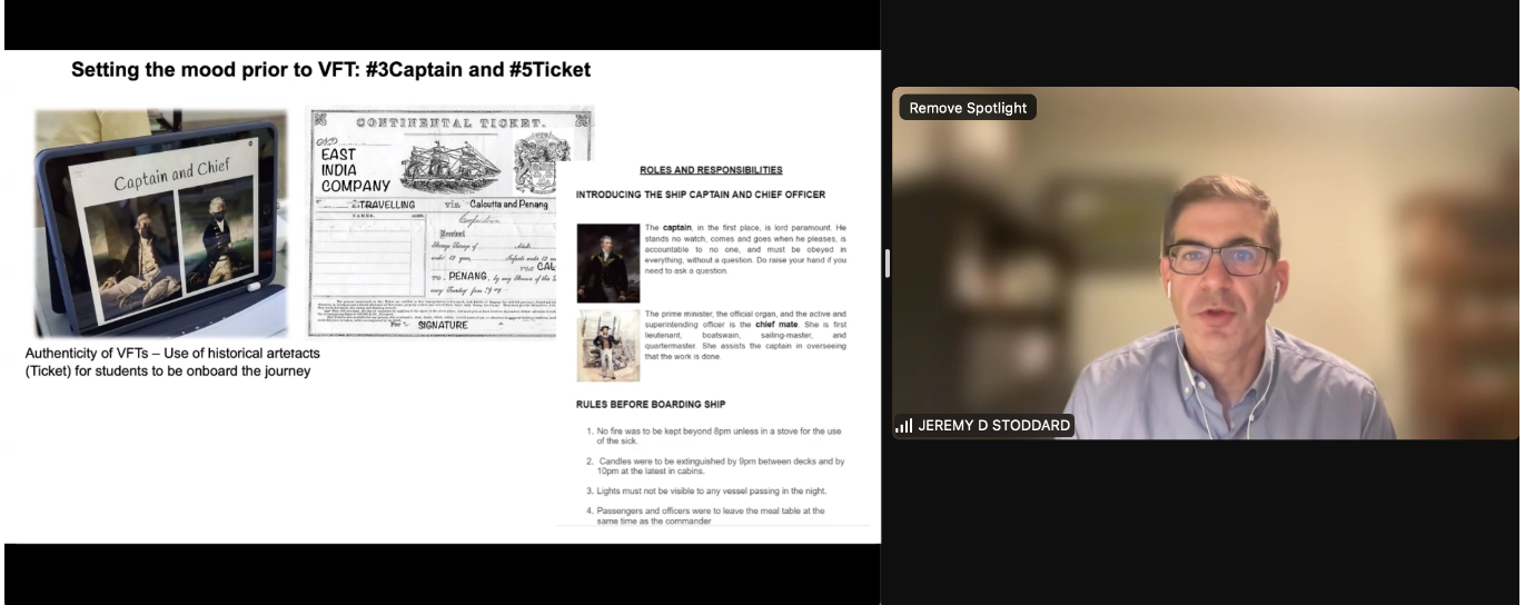 A video call showing Jeremy D Stoddard beside a presentation slide about a Captain and ship ticket virtual field trip.