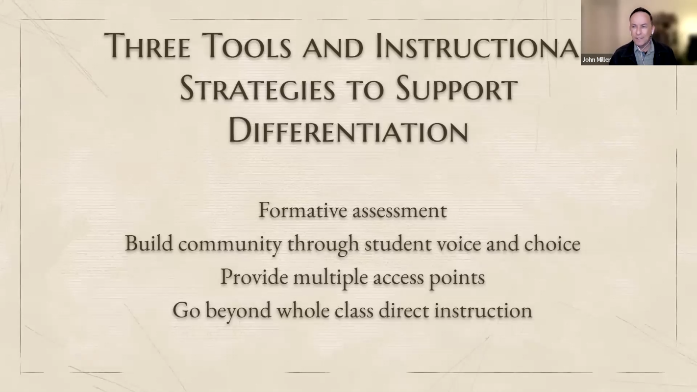 Slide titled Three Tools and Instructional Strategies to Support Differentiation with four bullet points listed below.