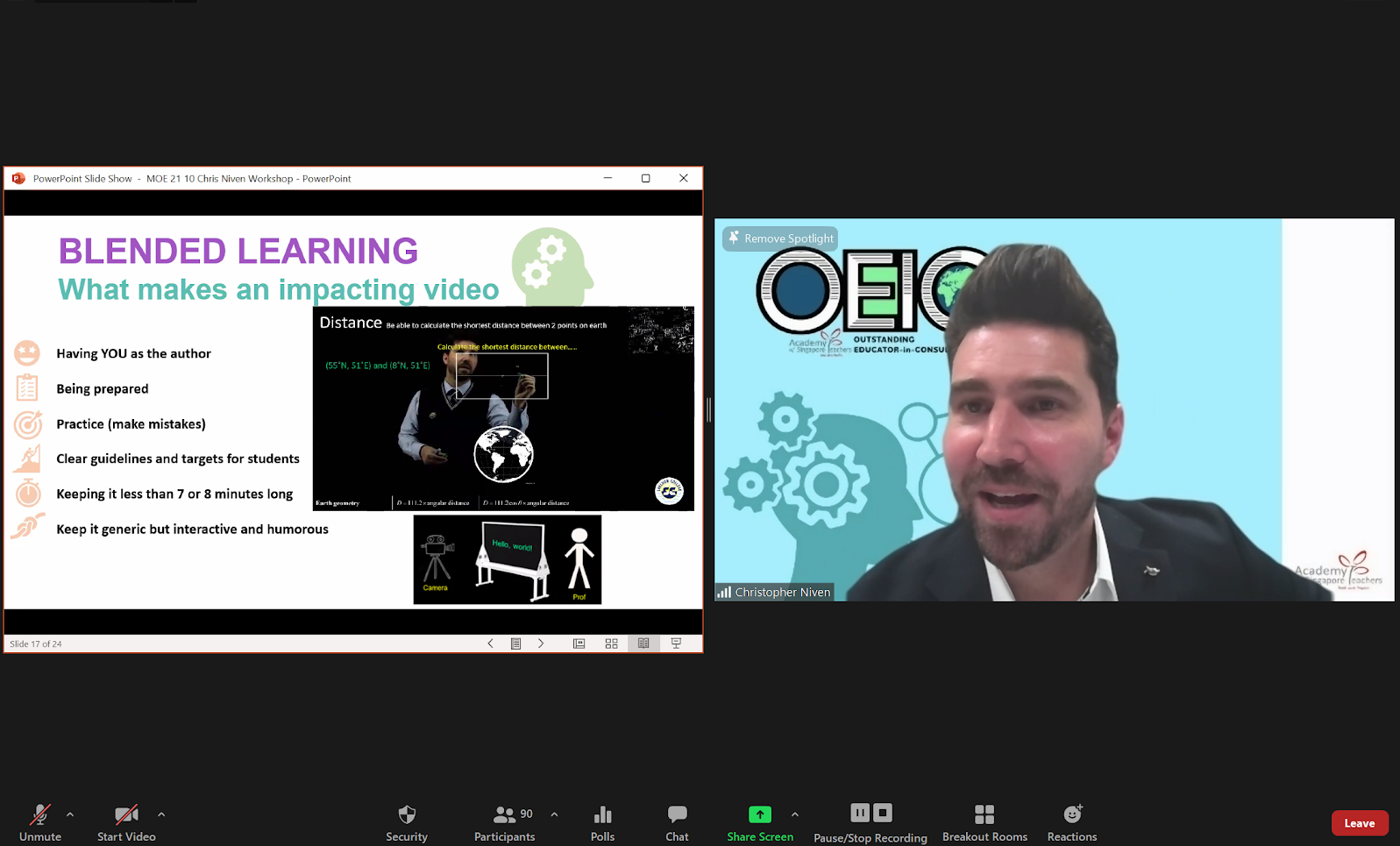 Zoom meeting with Christopher Niven presenting a PowerPoint slide on Blended Learning and what makes an impacting video.