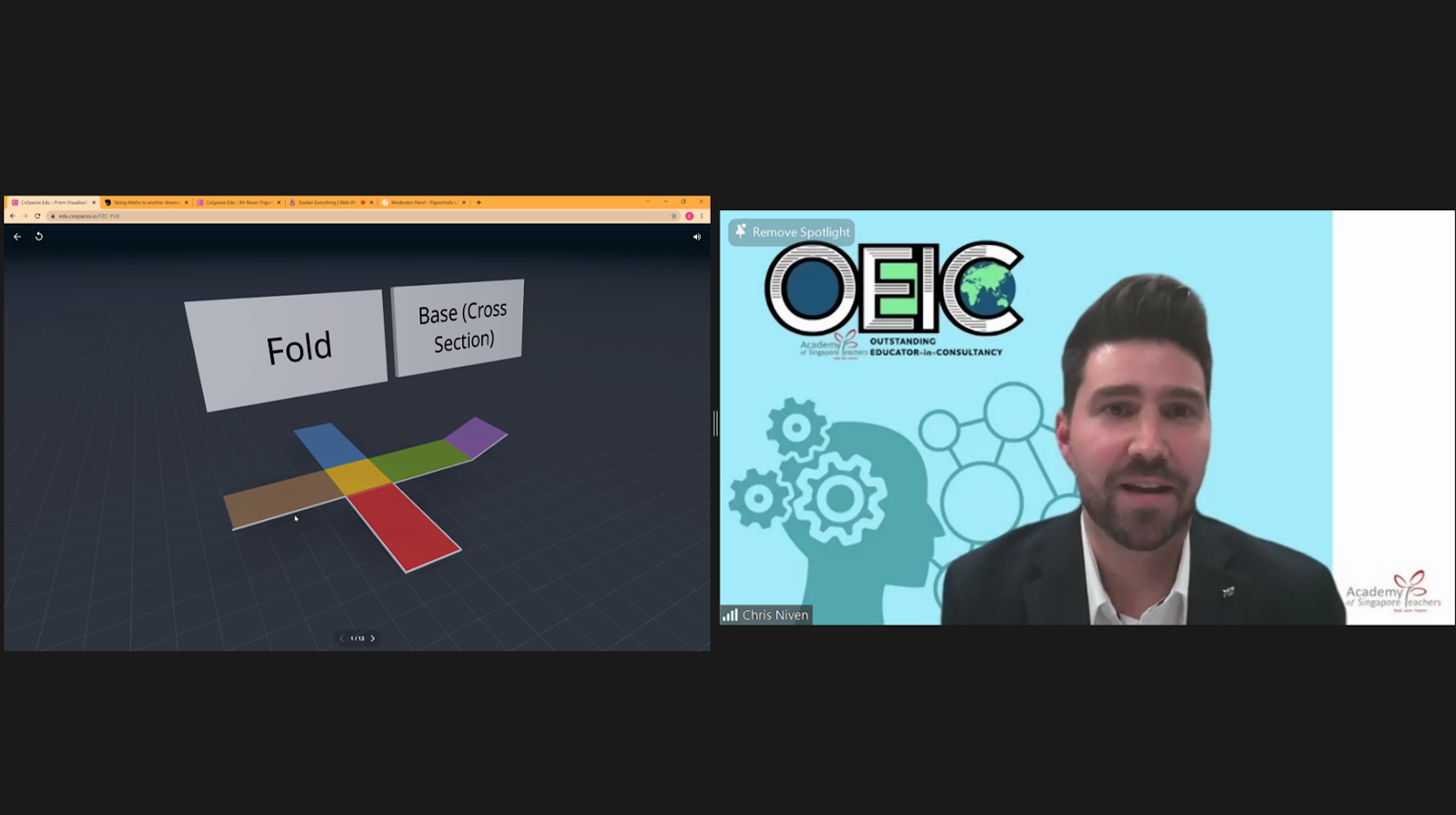 Online meeting showing Chris Niven beside an OEIC slide, with a colorful cross-shaped fold diagram on the left screen.