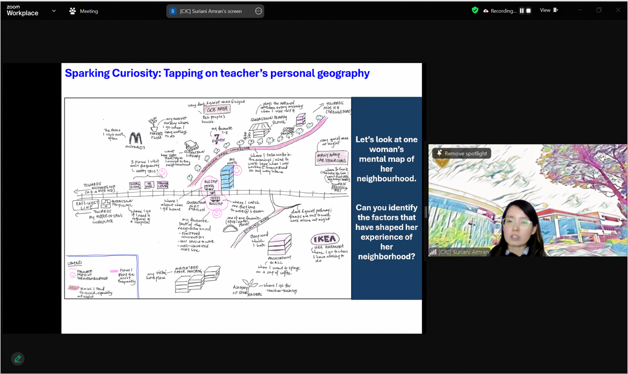 Zoom meeting slide titled "Sparking Curiosity: Tapping on teacher's personal geography" showing a hand-drawn neighborhood mental map.