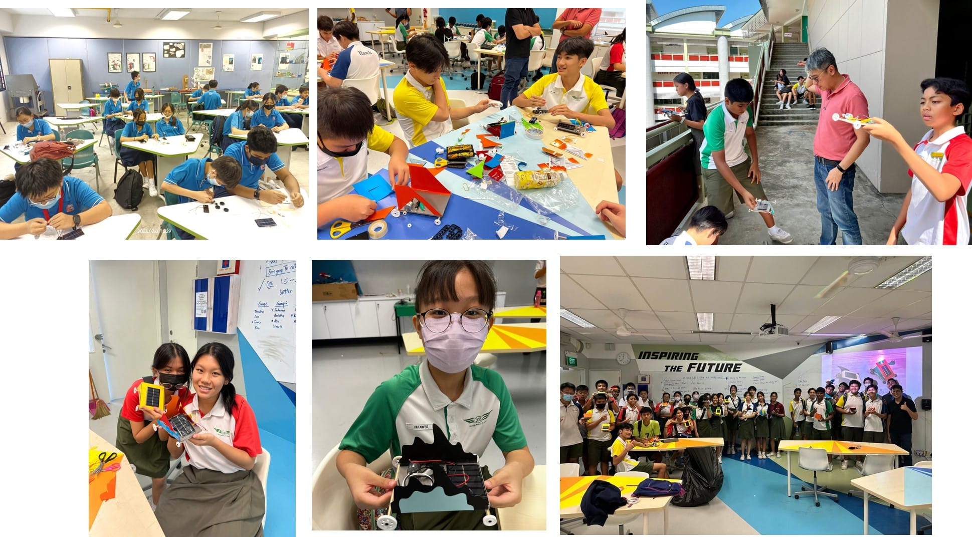 Students in school uniforms work on hands-on projects with craft materials and small solar-panel devices in classrooms.