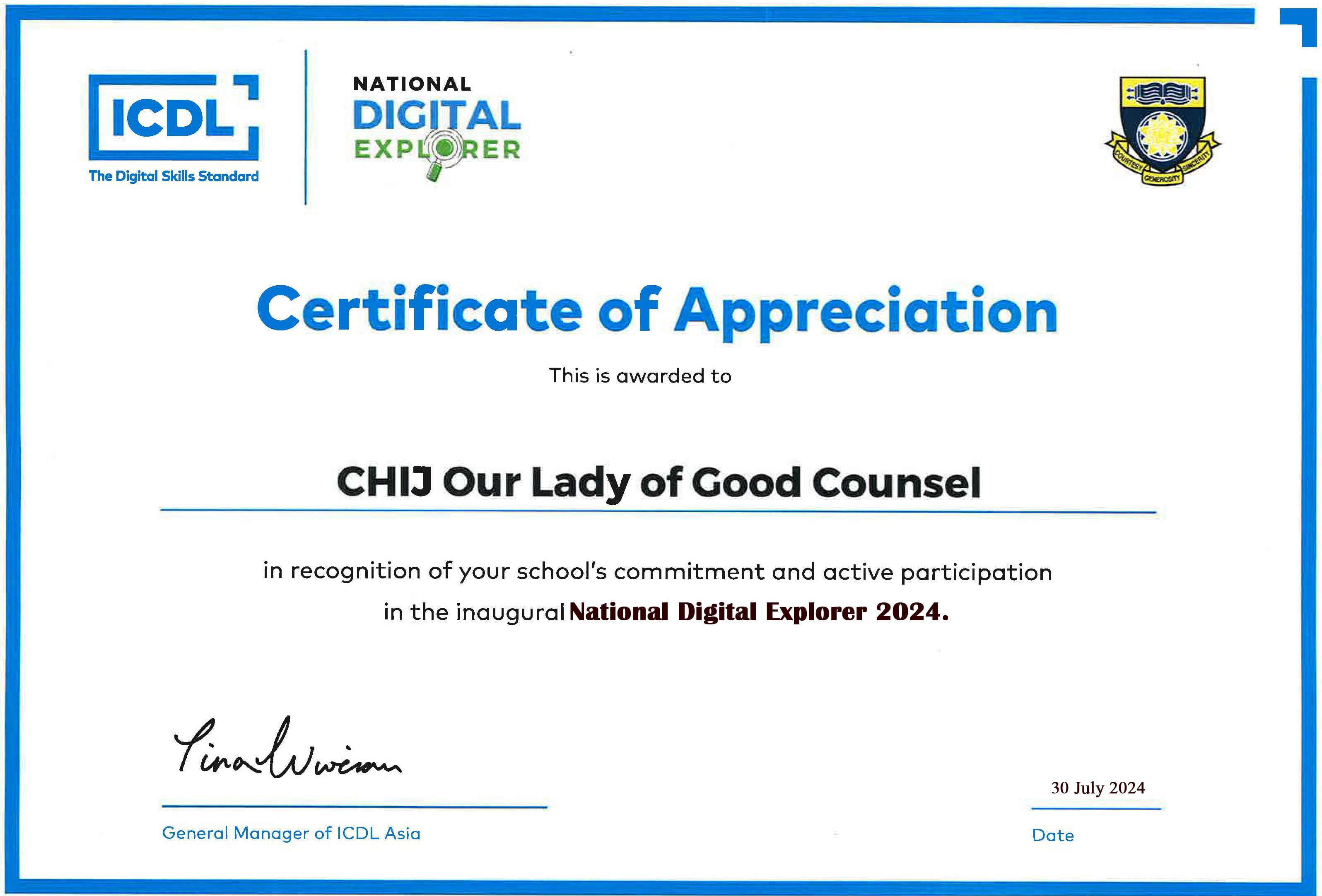 Certificate of Appreciation awarded to CHIJ Our Lady of Good Counsel for National Digital Explorer 2024, dated 30 July 2024.