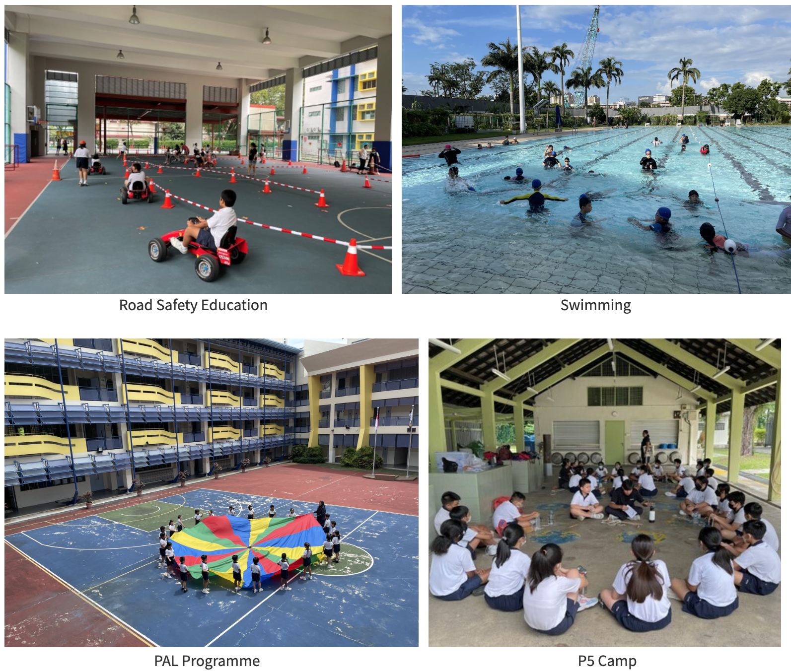 Four school activity scenes: go-kart safety course, swimming lesson, parachute game outdoors, and students sitting in a circle at camp.