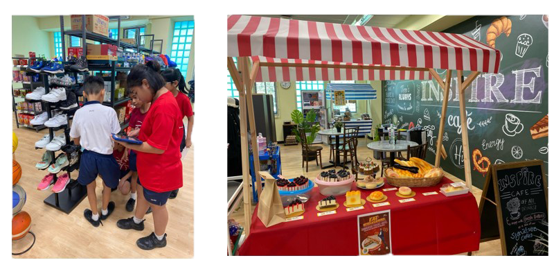 Two scenes: children near a shoe display, and a red-striped market stall with cakes and pastries in a cafe.