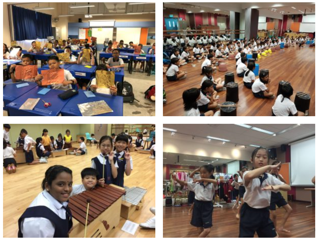 Four scenes of school children in uniforms doing art, drum lessons, xylophone playing, and dance activities.