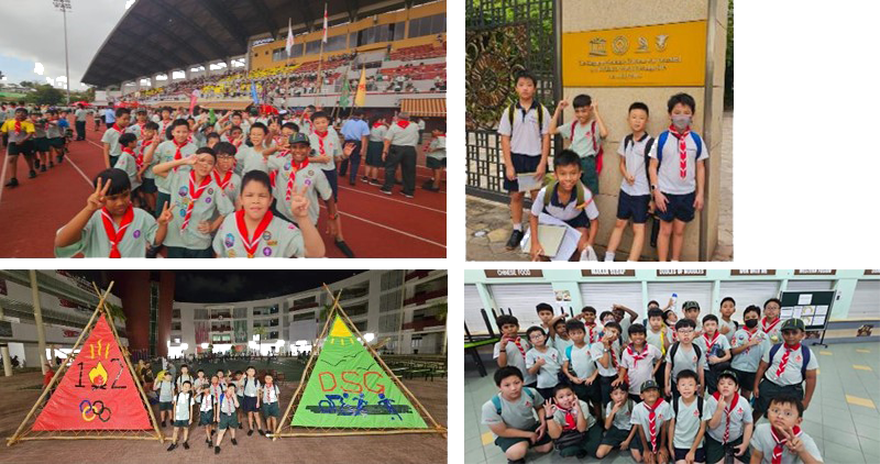 Four photos of young scouts in uniform at a stadium, school entrance, campfire display, and group pose.