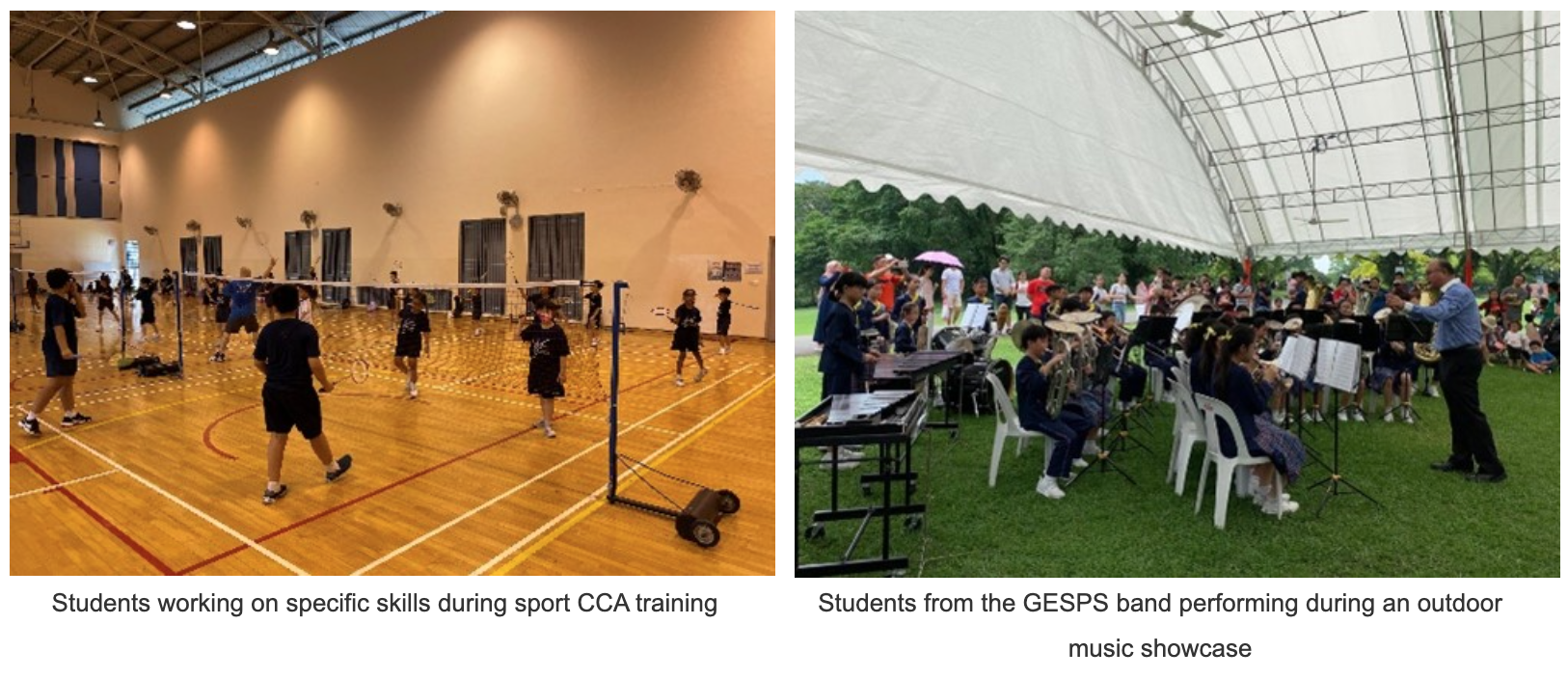 Students practice badminton indoors while a school band performs under a tent outdoors on grass.