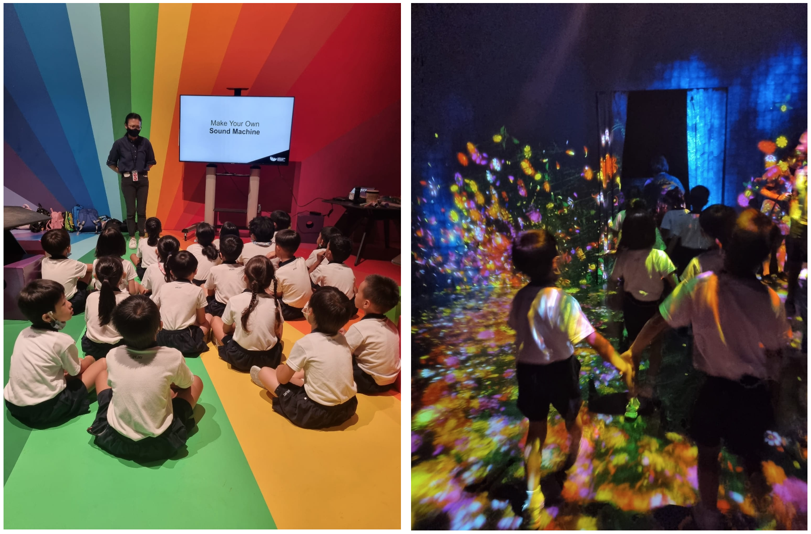 Children in uniforms sit on a rainbow floor watching a "Make Your Own Sound Machine" screen, and explore a colorful light display room.