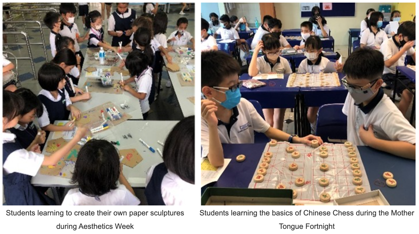 Students making paper sculptures at a table and students playing Chinese Chess at desks, all wearing masks.