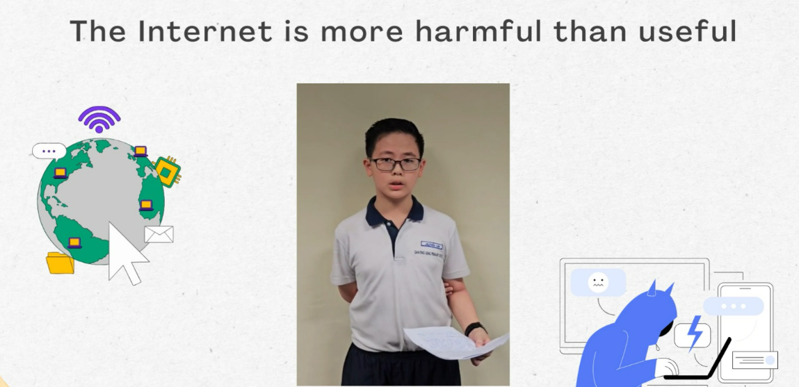 A boy in glasses holds papers under the text "The Internet is more harmful than useful" with internet-themed illustrations.