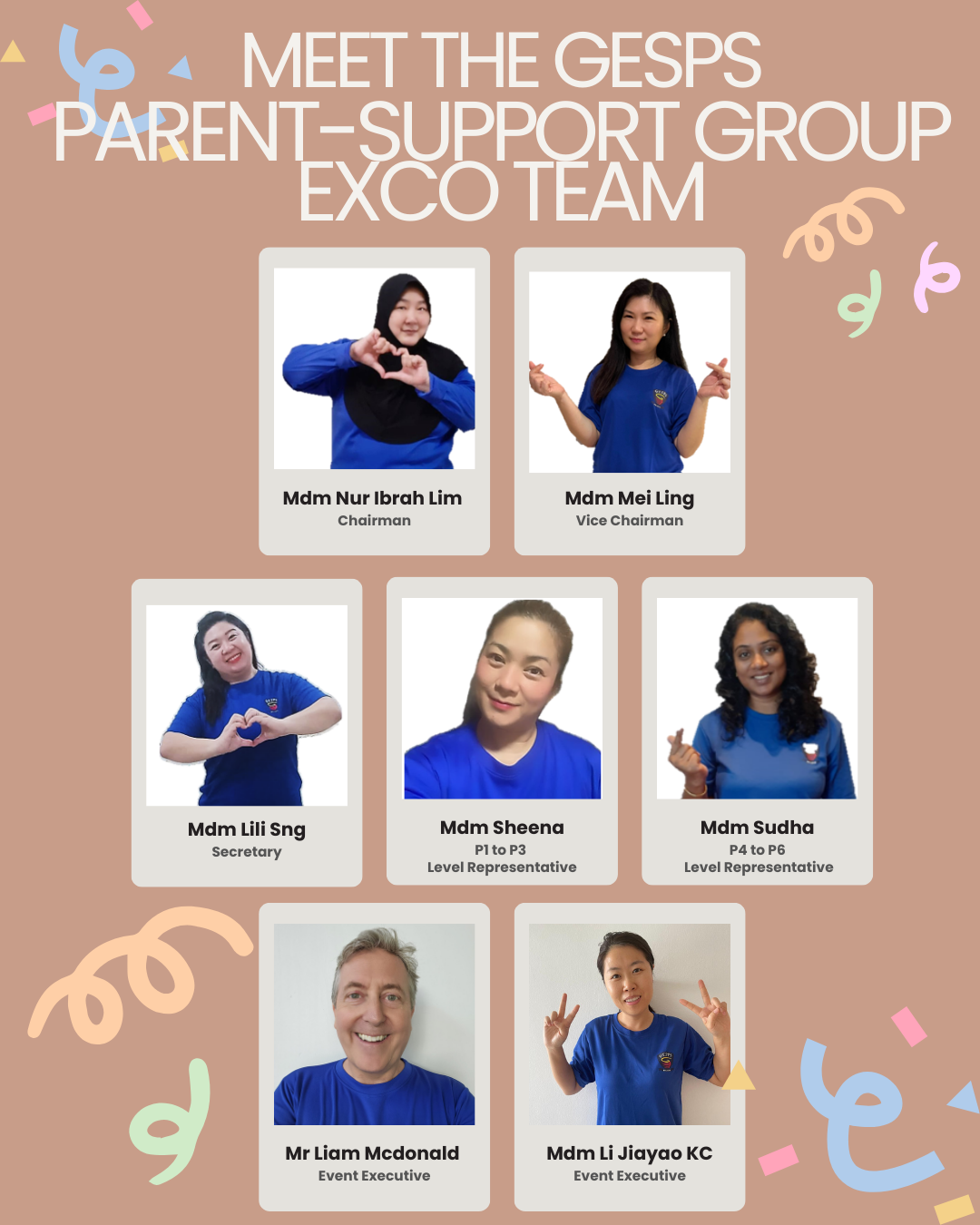 Seven GESPS Parent-Support Group Exco Team members in blue shirts with their names and roles listed below each photo.