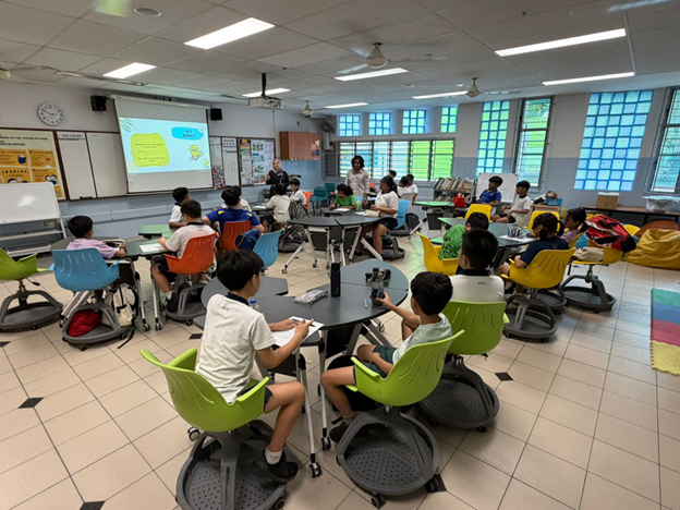 Students sit at round tables with colorful chairs in a bright classroom facing a projected presentation screen.