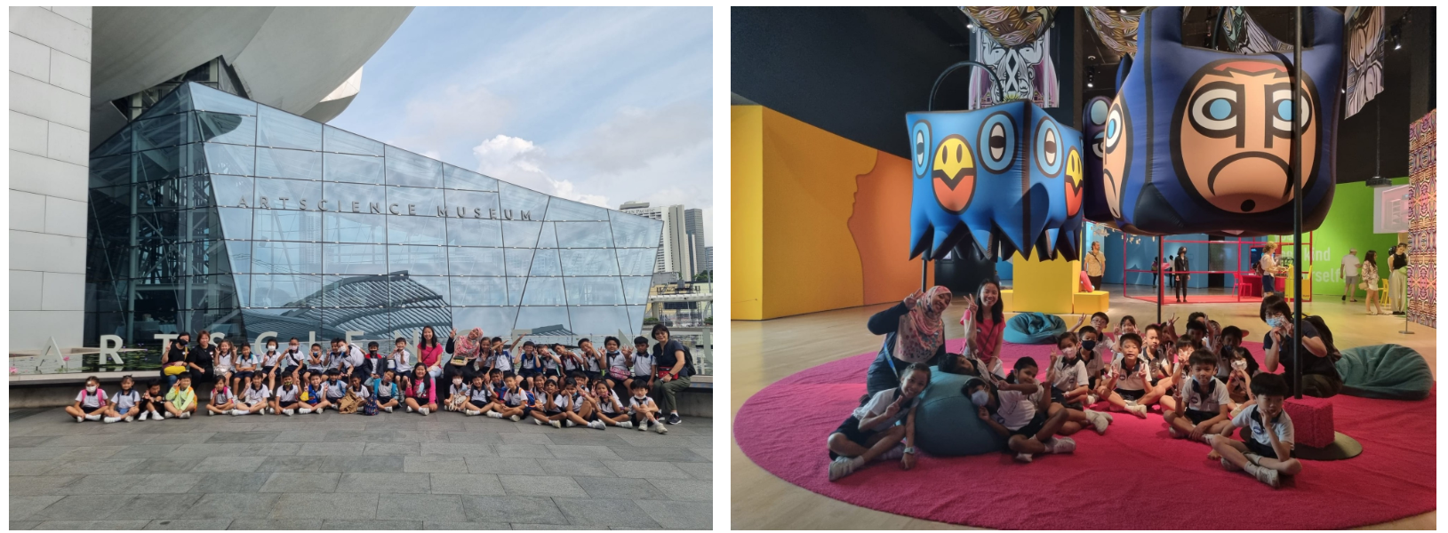 A group of young students pose outside ArtScience Museum, then inside near colorful cartoon monster sculptures.
