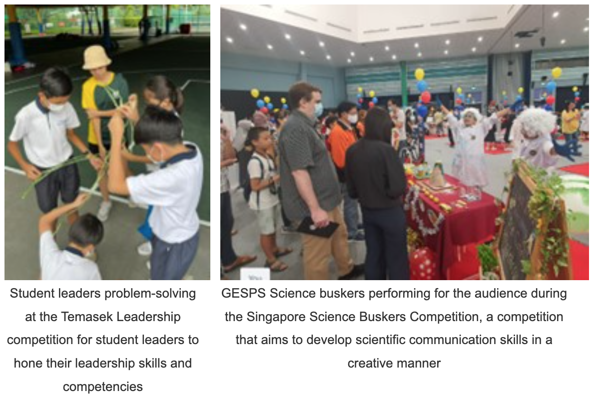 Two school event photos: children doing an outdoor activity, and students performing at an indoor science competition.