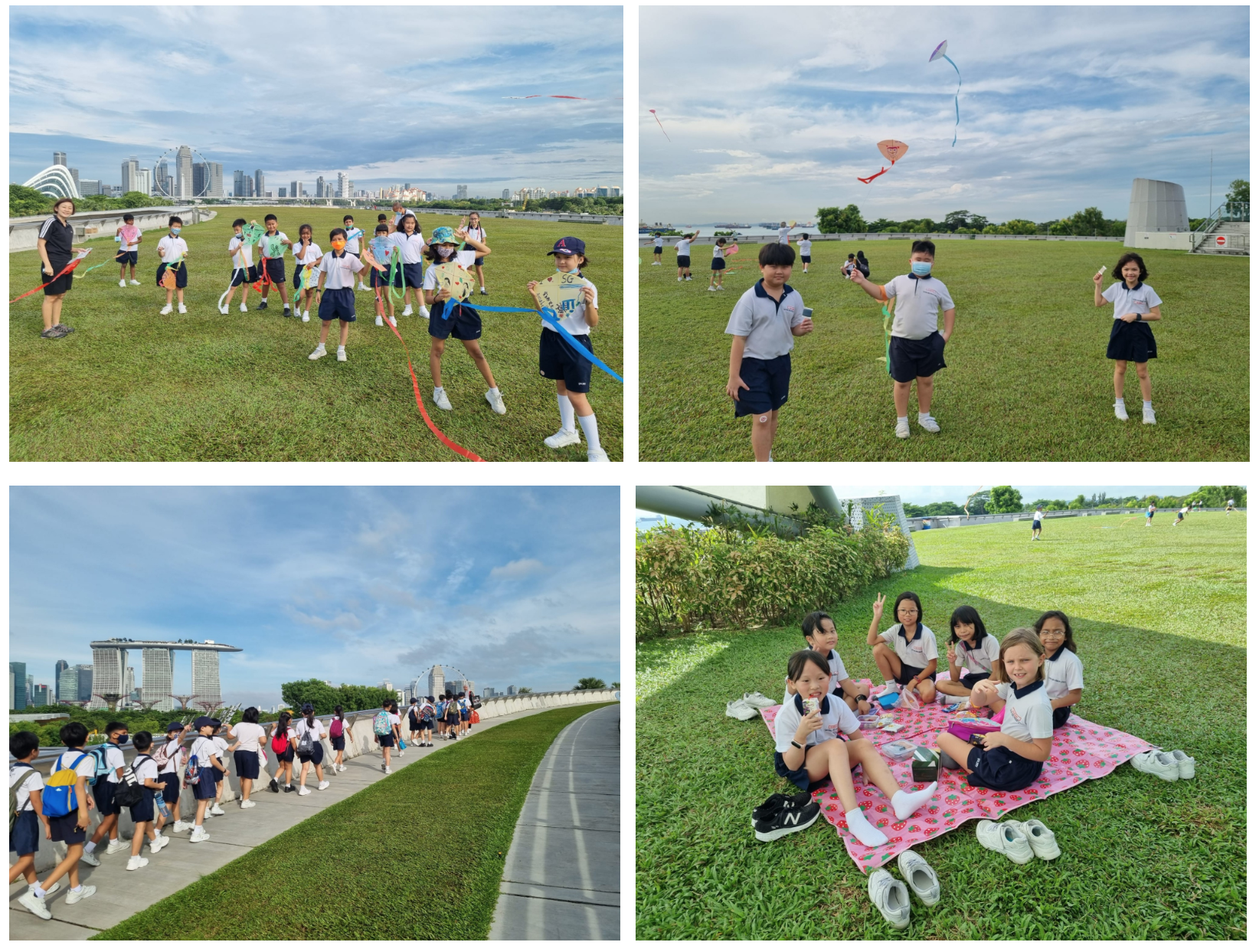 Four scenes of school children in uniforms flying kites, walking along a waterfront path, and having a picnic on grass.